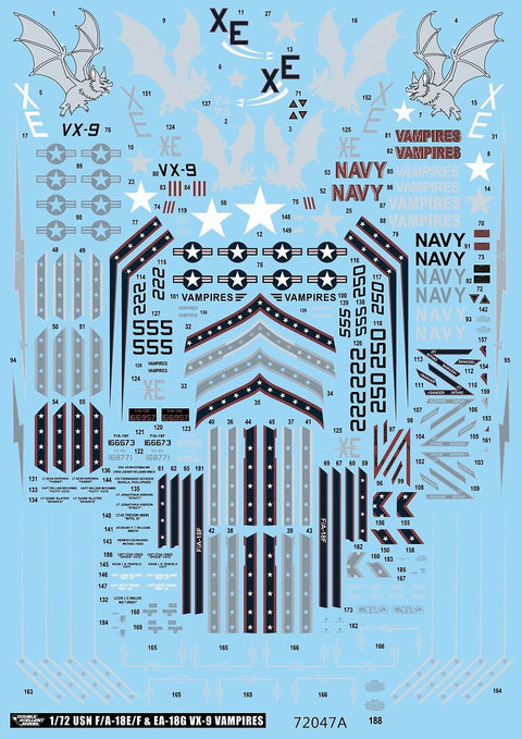 DXM 11-7247 1/72 US Navy F/A-18E/F & EA-18G VX-9 Vampires – Cartograf Decals (For Hasegawa, Revell, Academy, Italeri, and Tamiya)