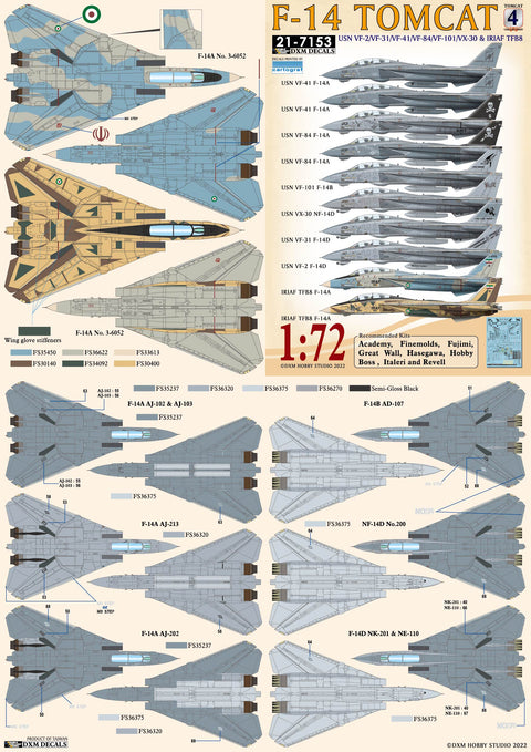 DXM 21-7153 1/72 US Navy VF-2/31/41/84/101 & IRIAF F-14 Tomcat Collection #4 (For Hasegawa, Fine Molds, Fujimi, Academy, Great Wall, Revell, Italeri, and HobbyBoss)