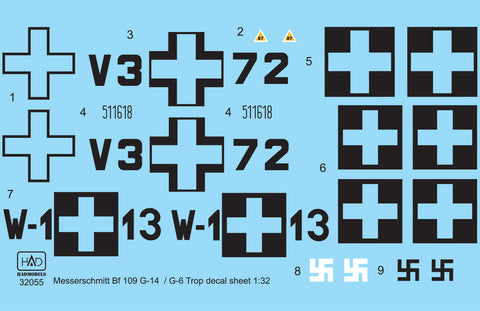 HAD Models 32055 1/32 Messerschmitt Bf 109 G-6 G-14 (V3+72 ; W1+13) decal sheet