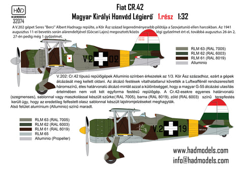 HAD Models 32074 1/32 CR-42 Royal Hungarian Air Force with Cross insignias for ICM kit