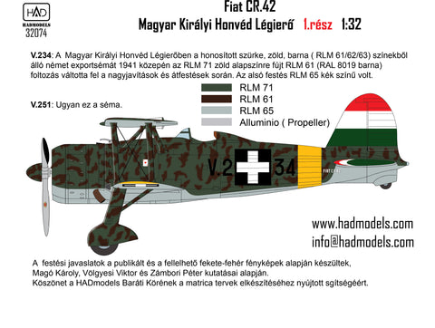 HAD Models 32074 1/32 CR-42 Royal Hungarian Air Force with Cross insignias for ICM kit