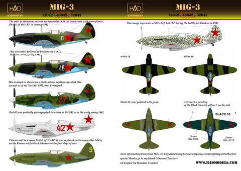HAD Models 48042 1/48 MiG-3 (silver 46, white 18, black 16, red 42, red 27) decal sheet