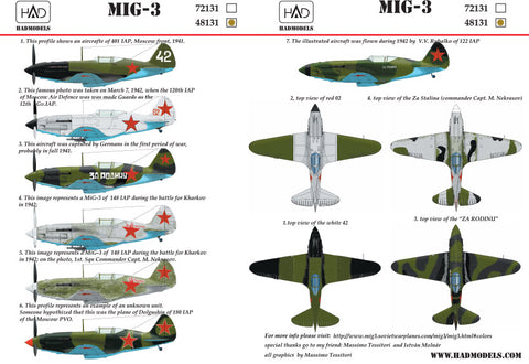 HAD Models 48131 1/48 MiG-3 (Russian white 42, red 02, Za Rodina, Za Stalina) decal sheet