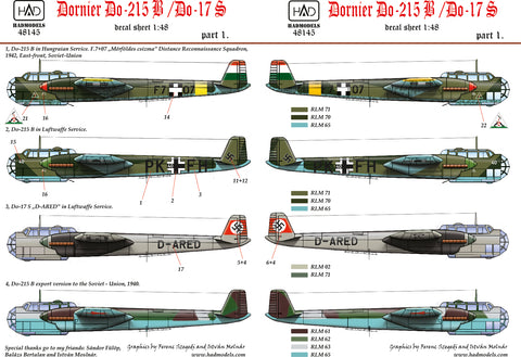 HAD Models 48145 1/48 Dornier Do-215 B/Do-17S ( ( Hungarian, Russian, Greman) decal sheet