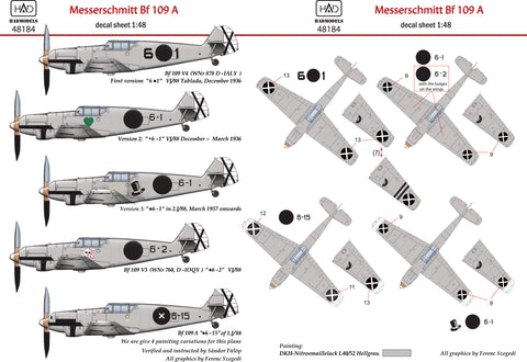 HAD Models 48184 1/48 Messerschmitt Bf 109 A ( V3 6.1, .6-1, .6-2, .6,-15) decal sheet