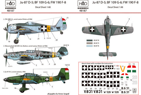 HAD Models 48187 1/48 FW 190 F-8 Bf 109 G-6 Ju-87 D-5 (V8+31, B6+31 ?vi, W+526) decal sheet
