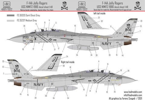 HAD Models 48197/2023 1/48 F-14A VF-84 Jolly Rogers 1986 low visibility decal sheet with stencils  REPRINT