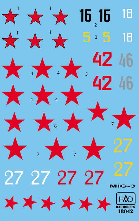 HAD Models 72042 1/72 MiG-3 (silver 46, white 18, black 16, red 42, red 27) decal sheet