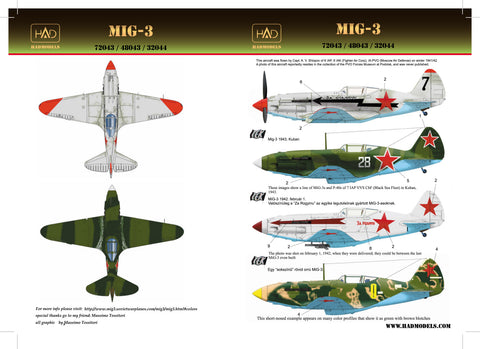 HAD Models 72043 1/72 MiG-3 (white 28, yellow9, black7 with Za Stalina, Za Rodinu) decal sheet