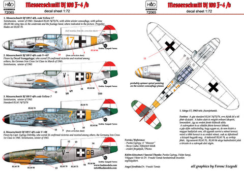 HAD Models 72065 1/72 Messerschmitt Bf 109 F-4/b yellow 17, V-+03, V-+07, yellow 7 decal s