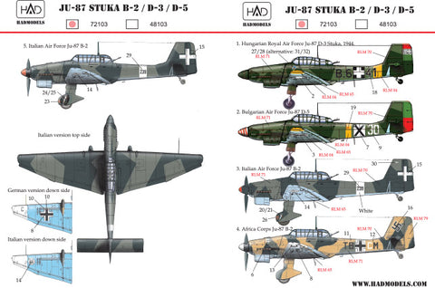 HAD Models 72103 1/72 Ju-87 Stuka B-2, D-3, D-5 decal sheet