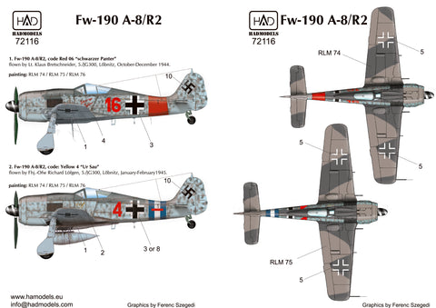HAD Models 72116 1/72 Fw 190 A-8 /R2 (ur Sau red 16, red 4 Schwarzer panter) decal sheet