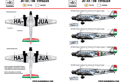 HAD Models 72130 1/72 Ju-52 civilian (HA-JUA, HA-JUC, HA-JUF) decal sheet