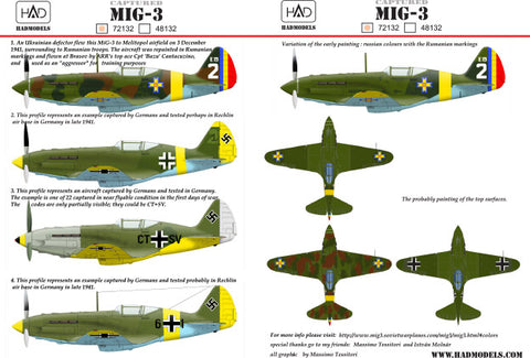 HAD Models 72132 1/72 MiG-3 (withCaptured RumanianandGerman markings) decal sheet