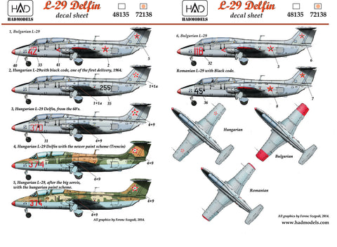 HAD Models 72138 1/72 L-29 (Hungarian, Bulgarian, Romanian) decal sheet