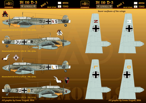 HAD Models 72152 1/72 Messerschmitt Bf 110 D-3 ”Afrika” Part 1 decal sheet