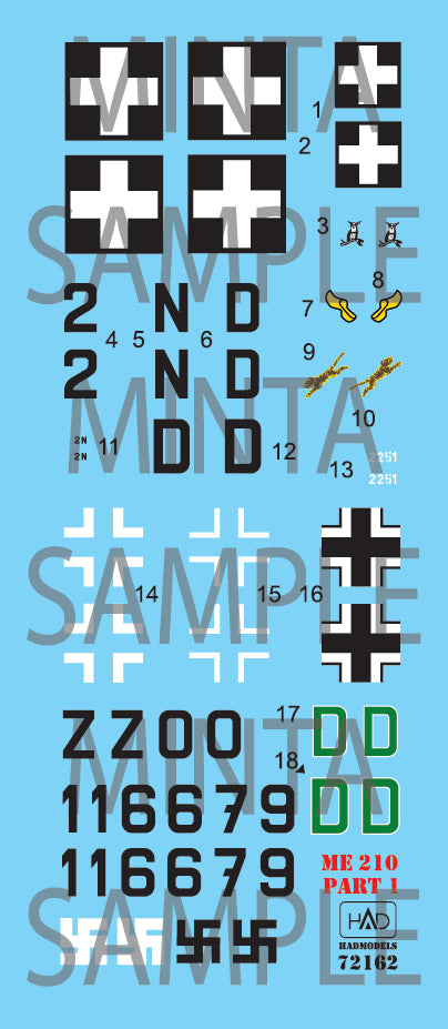 HAD Models 72162 1/72 Me 210 part 1 decal sheet