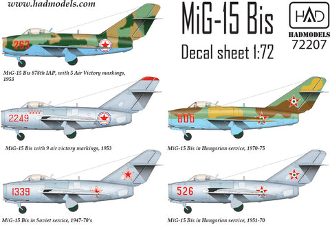 HAD Models 72207 1/72 MiG-15 Bis (North Corea, Soviet, Hungarian) decal sheet