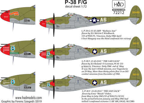 HAD Models 72212 1/72 P-38 F/G ” Over Europe” decal sheet
