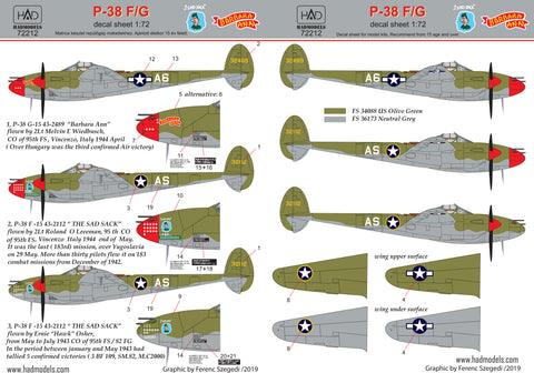 HAD Models 72212 1/72 P-38 F/G ” Over Europe” decal sheet
