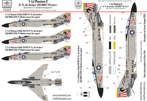 HAD Models 72223 1/72 F-4J Phantom II ” Be-devilers” USS NIMITZ 70´s decal sheet