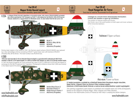 HAD Models 72226 1/72 CR-42 Royal Hungarian Air Force decal sheet