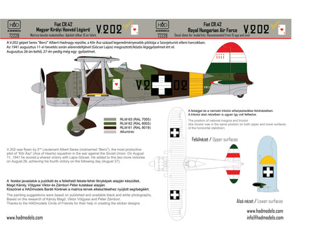 HAD Models 72228 1/72 CR-42 Royal Hungarian Air Force ”V.202” decal sheet