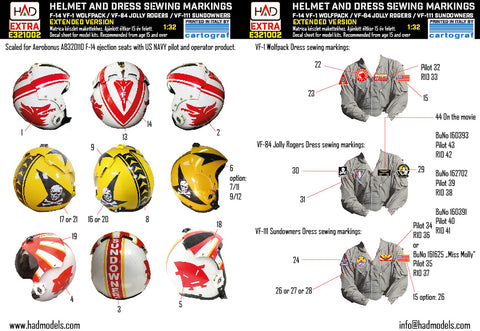 HAD Models E321002 1/32 F-14A Helmet and dress sewing markings EXTENDED version decal sheet