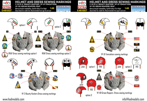 HAD Models E481007 1/48 F-14A/D helmet and dress sewing markings VF-2, VF-101, VF-31 decal sheet