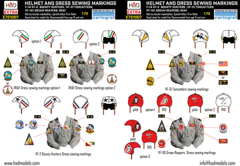 HAD Models E721007 1/72 F-14A/D helmet and dress sewing marlkings VF-2, VF-101, VF-31 decal sheet