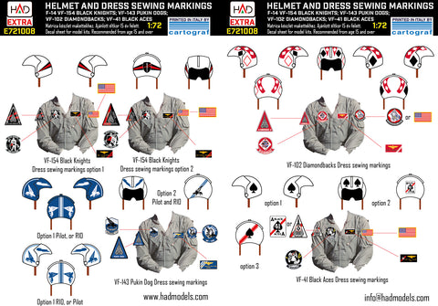 HAD Models E721008 1/72 F-14A/D helmet and dress sewing marlkings VF-143 VF-213 VF-41 decal sheet