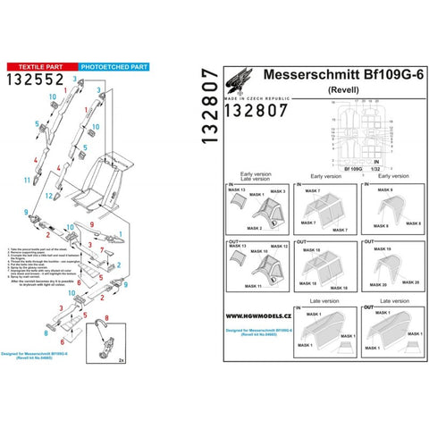HGW Models 132807 1/32 Messerschmitt Bf 109G-6 BASIC LINE: seatbelts + masks | Revell