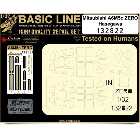 HGW Models 132822 1/32 A6M5c Zero BASIC LINE: seatbelts + masks | Hasegawa