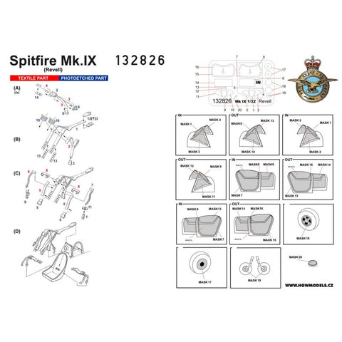 HGW Models 132826 1/32 Spitfire Mk.IX BASIC LINE: seatbelts + masks | Tamiya