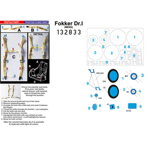 HGW Models 132833 1/32 Fokker Dr.I BASIC LINE: seatbelts + masks | Meng