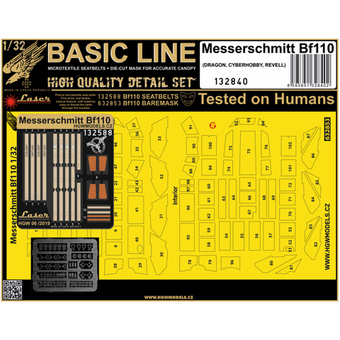 HGW Models 132840 1/32 Messerschmitt Bf110 C/D BASIC LINE: seatbelts + masks | Dragon, Cyber Hobby, Revell