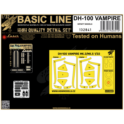 HGW Models 132841 1/32 DH-100 Vampire BASIC LINE: seatbelts + masks | Infinity Models
