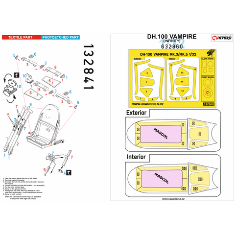 HGW Models 132841 1/32 DH-100 Vampire BASIC LINE: seatbelts + masks | Infinity Models