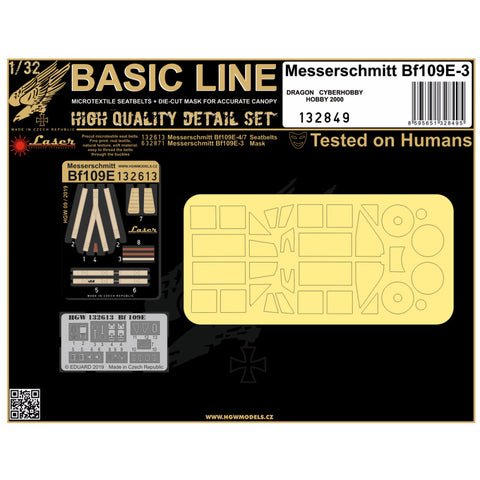 HGW Models 132849 1/32 BF 109E-3 BASIC LINE: seatbelts + masks | Dragon, Cyber Hobby, Hobby 2000