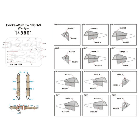 HGW Models 148801 1/48 Focke-Wulf Fw 190D-9 BASIC LINE: seatbelts + masks | Tamiya