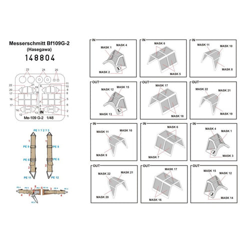 HGW Models 148804 1/48 Messerschmitt Bf 109G-2 BASIC LINE: seatbelts + masks | Hasegawa
