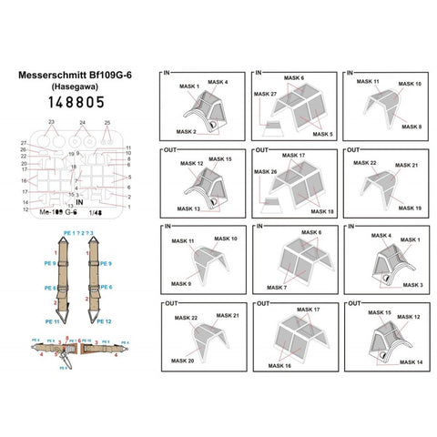 HGW Models 148805 1/48 Messerschmitt Bf 109G-6 BASIC LINE: seatbelts + masks | Hasegawa