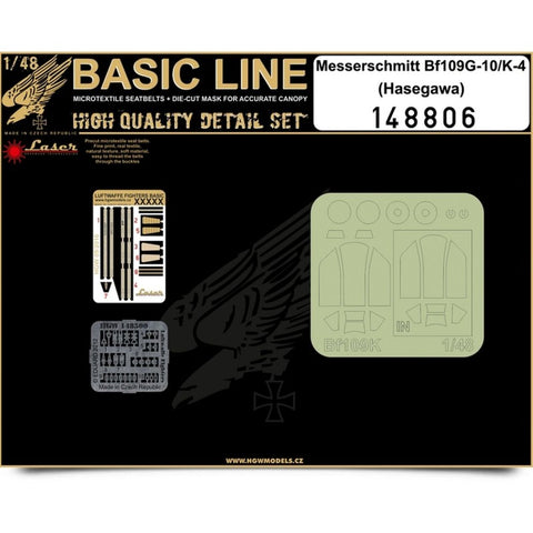 HGW Models 148806 1/48 Messerschmitt Bf 109G-10/K-4 BASIC LINE: seatbelts + masks | Hasegawa
