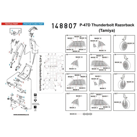 HGW Models 148807 1/48 P-47D Thunderbolt Razorback BASIC LINE: seatbelts + masks | Tamiya