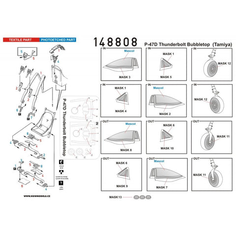 HGW Models 148808 1/48 P-47D Thunderbolt Bubbletop BASIC LINE: seatbelts + masks | Tamiya