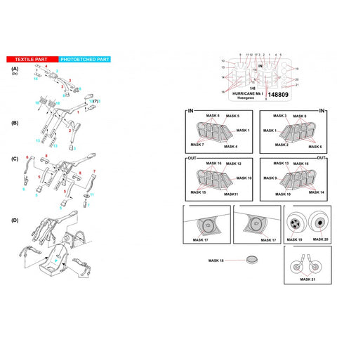 HGW Models 148809 1/48 Hawker Hurricane BASIC LINE: seatbelts + masks | Hasegawa