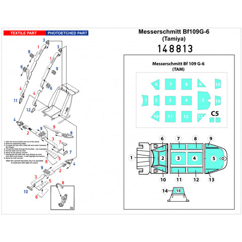 HGW Models 148813 1/48 Messerschmitt Bf 109G-6 BASIC LINE: seatbelts + masks | Tamiya