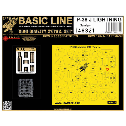 HGW Models 148821 1/48 P-38J Lightning BASIC LINE: seatbelts + masks | Tamiya
