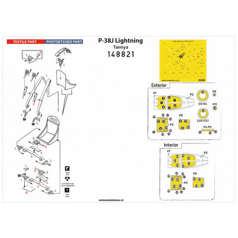 HGW Models 148821 1/48 P-38J Lightning BASIC LINE: seatbelts + masks | Tamiya