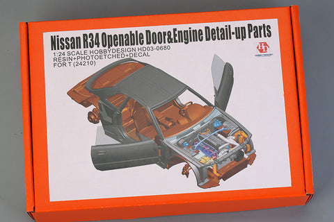Hobby Design HD03-0680 1/24 Nissan R34 Opening Doors & Engine Detail-Up Parts for T (24210) (Resin + PE + Metal Parts + Decals + Window Spacers)